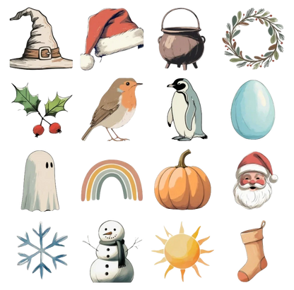 Collection of seasonal icons including Santa hat, pumpkin, snowman illustrating seasonal knitwear add-on for kids
