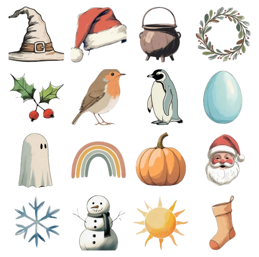Collection of seasonal icons including Santa hat, pumpkin, snowman illustrating seasonal knitwear add-on for kids