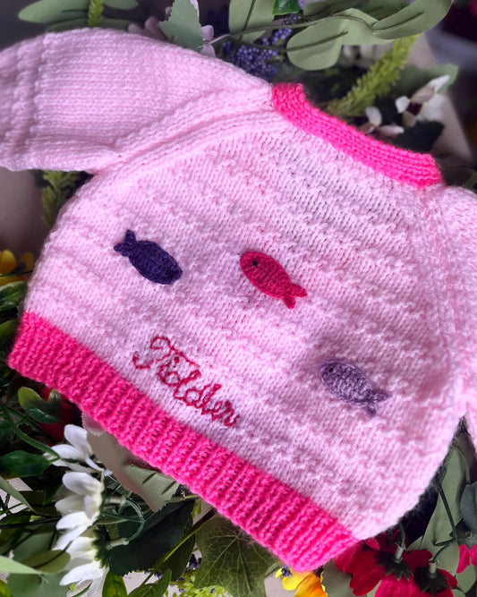 Little Flower Knits unique baby fish cardigan in pink with embroidered fish and personalised initials