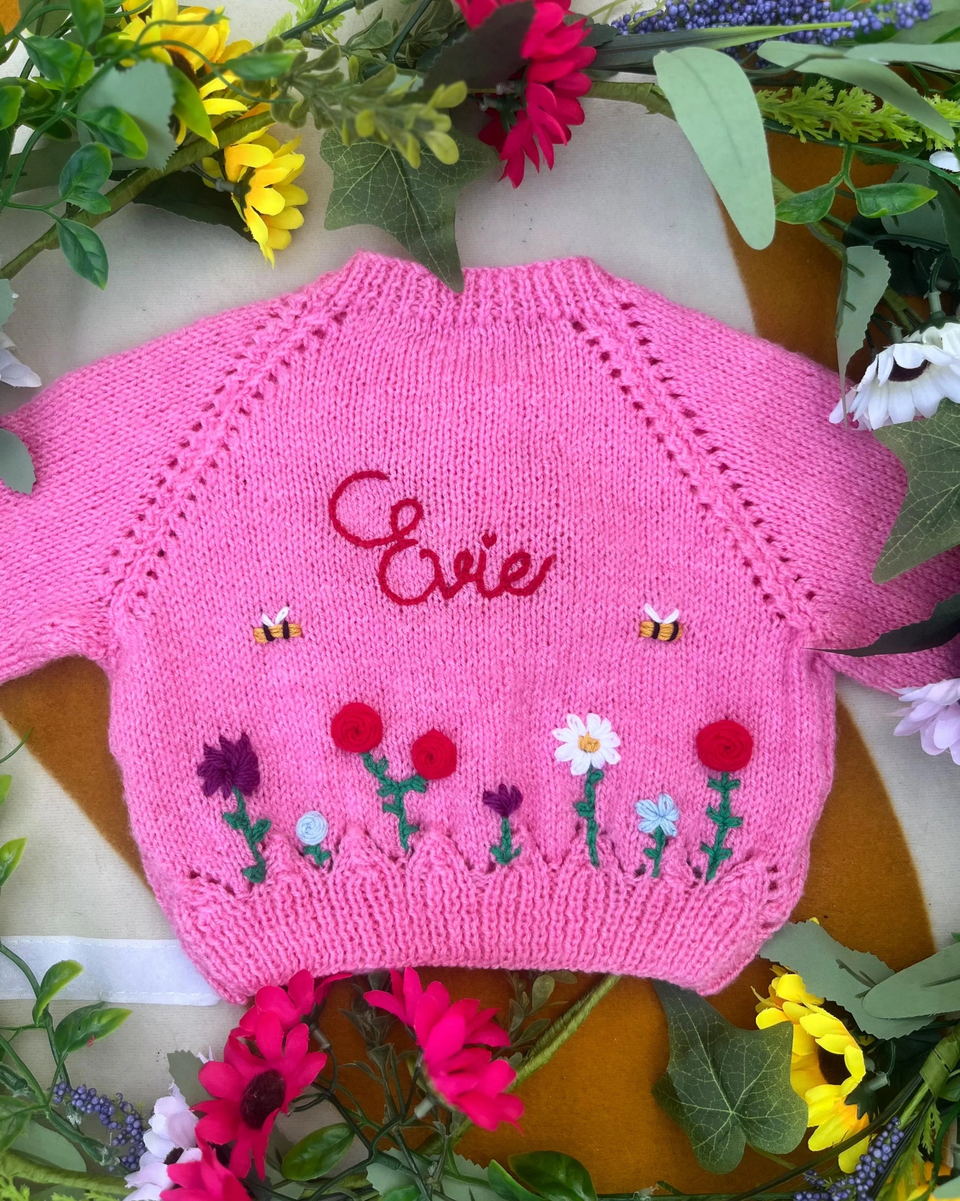 Pink unique floral cardigan for girls with embroidered flowers and name embroidery by Little Flower Knits