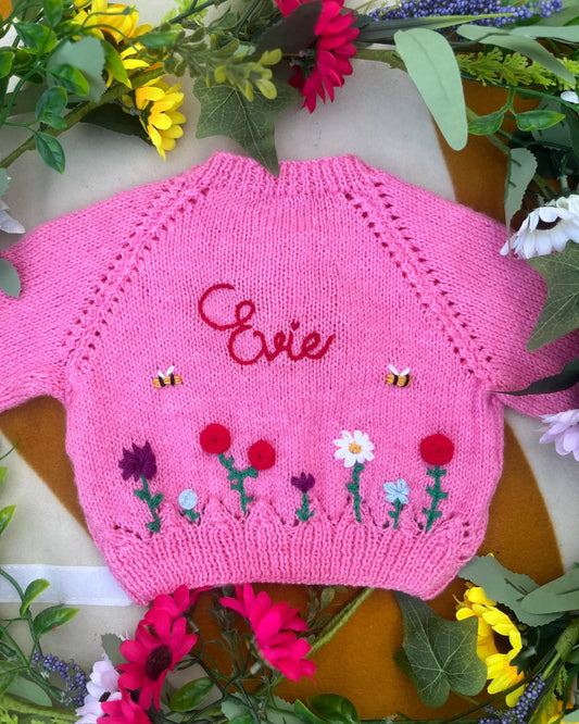 Pink unique floral cardigan for girls with embroidered flowers and name embroidery by Little Flower Knits