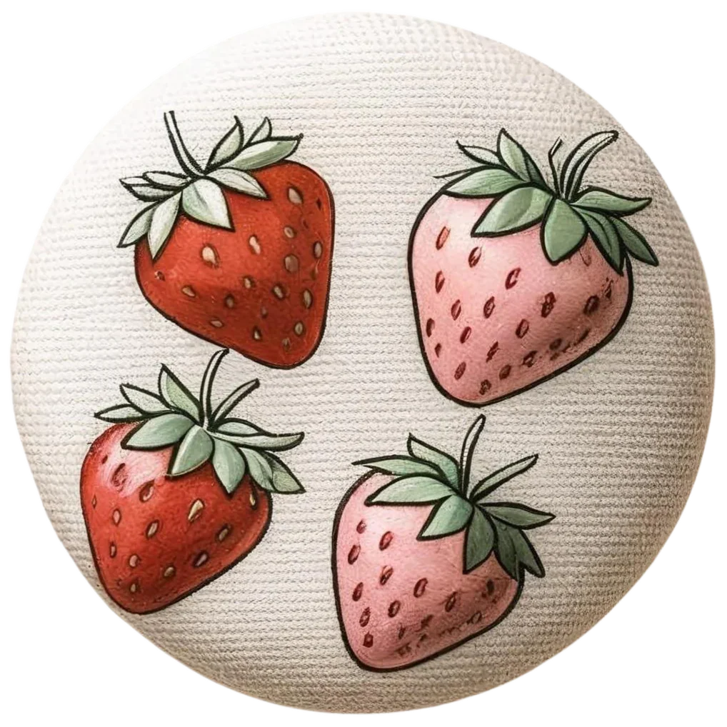 Circular fabric button featuring four strawberries print from Little Flower Knits with unique kids cardigan buttons design